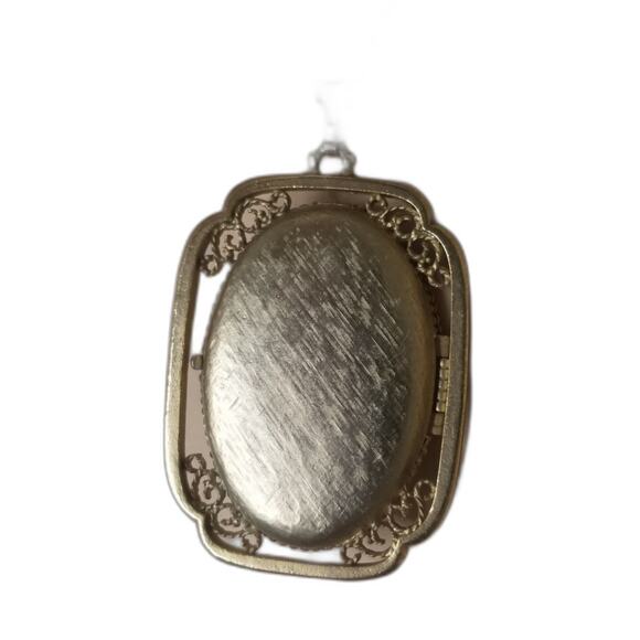 Avon Vintage Ornate Filigree Photo Yesteryear Locket Gold Blue Cabochon Necklace - Picture 5 of 6